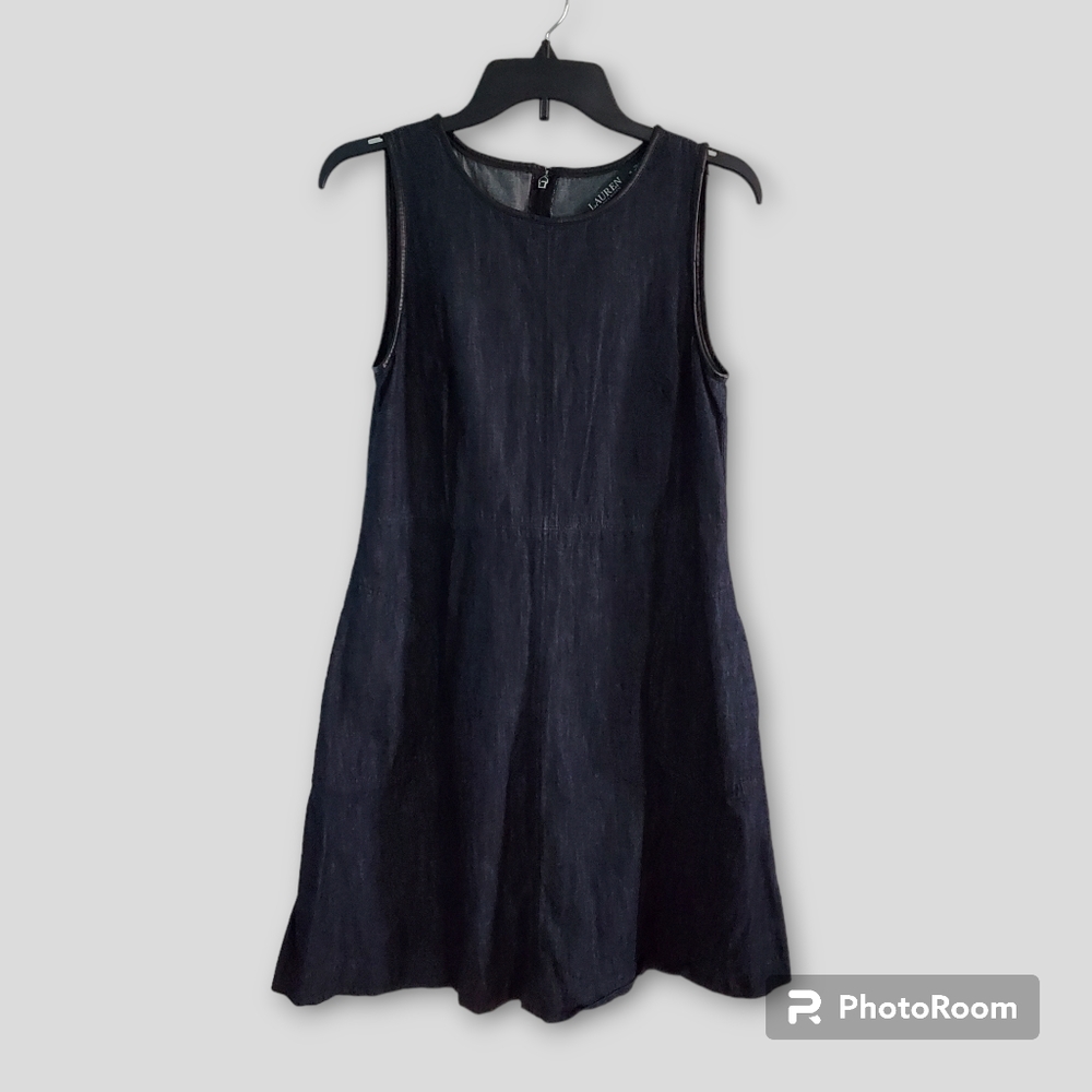 LAUREN Ralph Lauren denim dress with black faux leather trim and pockets, size 4